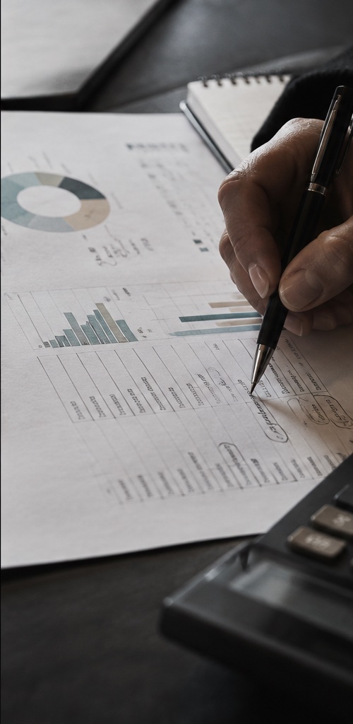 Una mano annota un report commerciale con grafici e indicatori.